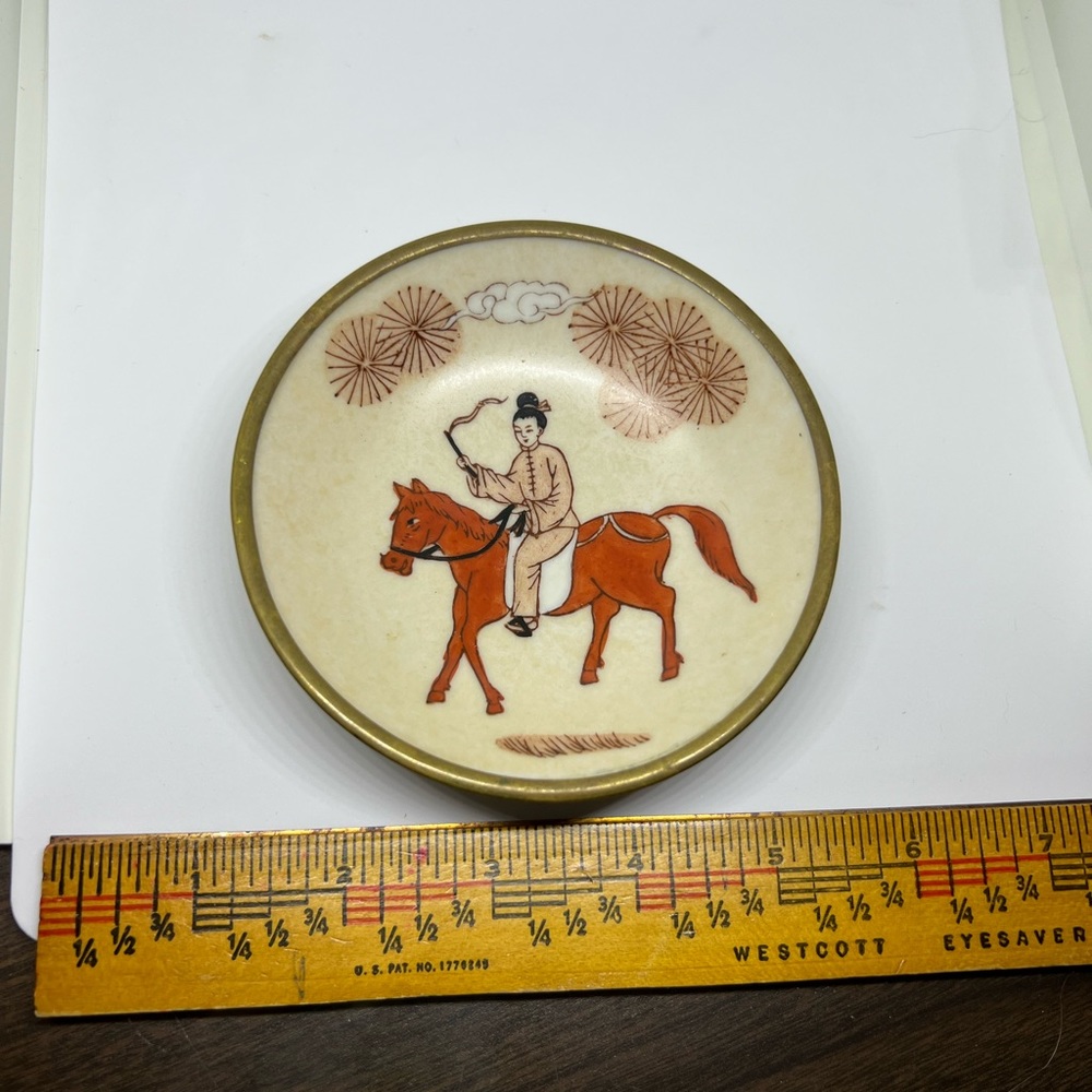 Overjoy Porcelain Trinket Dish. Hand Painted in Hong Kong. Encased in Brass. EUC
